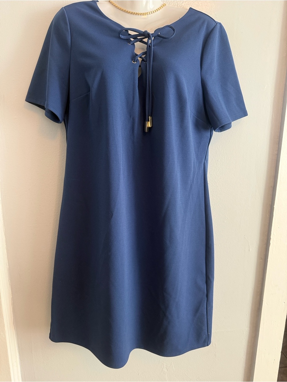 Roz & Ali Navy Lace-Up Short Sleeve Shift Dress